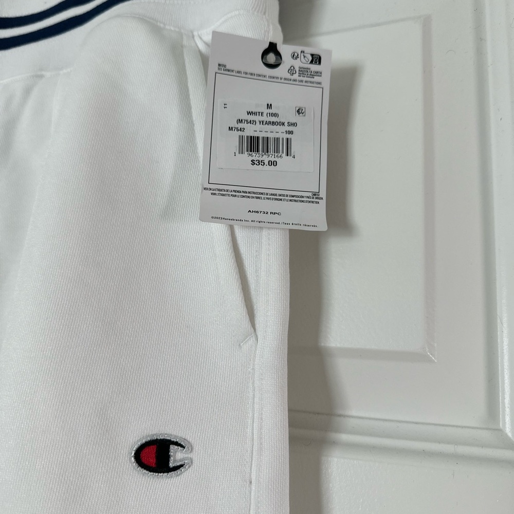 Champion White Athletic Shorts with Navy-Striped Waistband - Picture 2 of 4